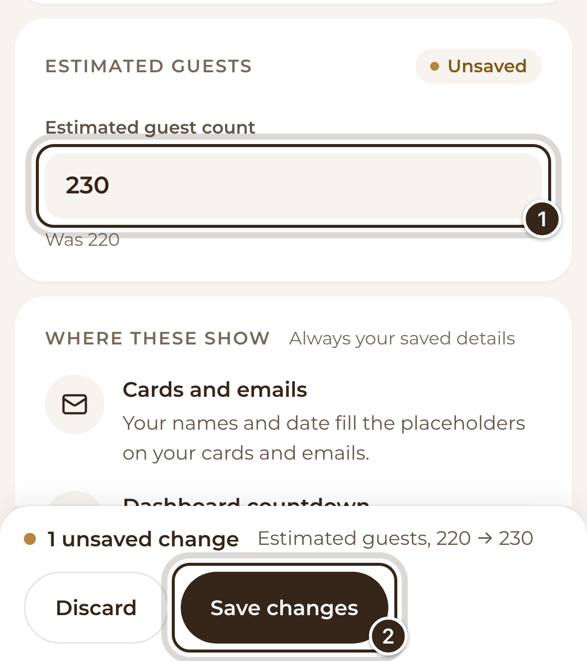 On a phone, the guest estimate changed to 230 and the save bar showing 1 unsaved change, with Save changes marked