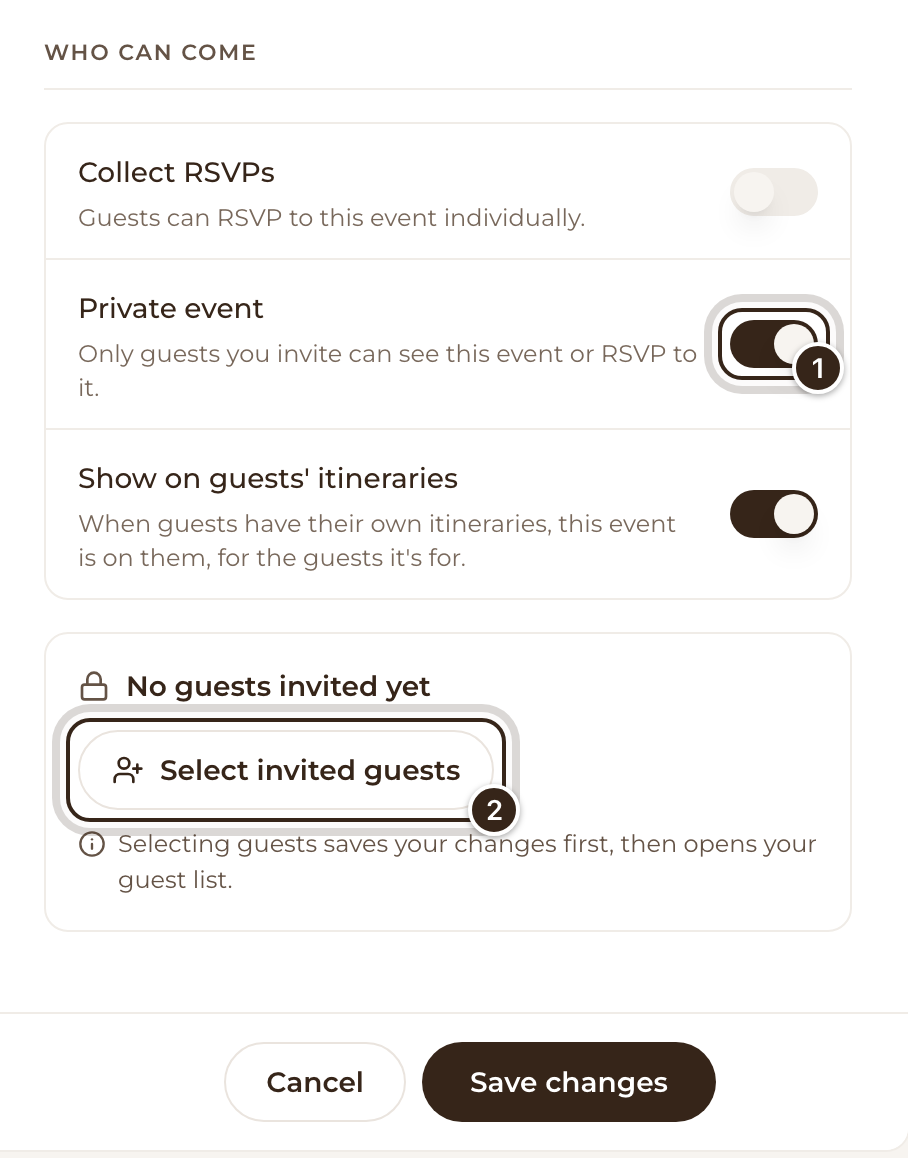 The Who can come section with Private event switched on, and the Private event switch and Select invited guests marked