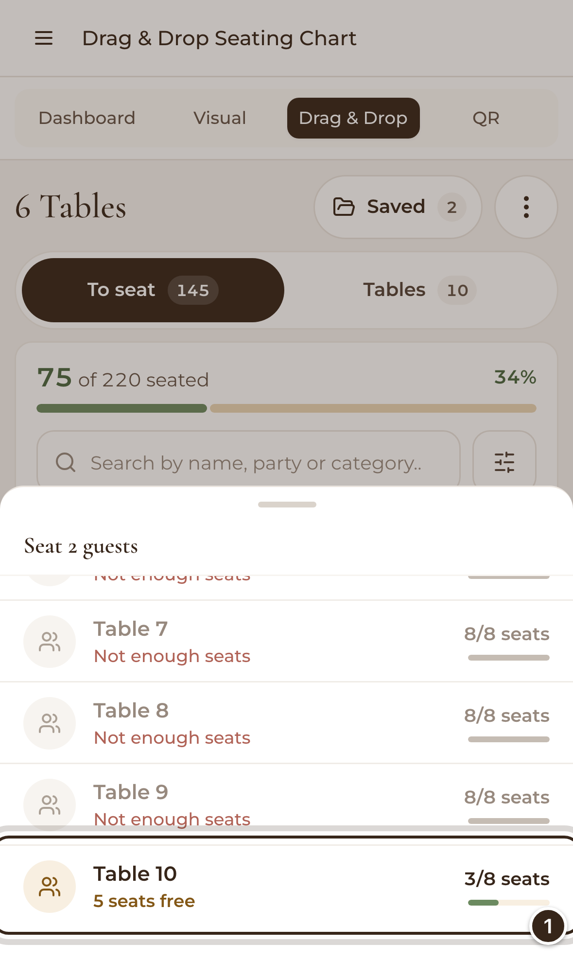 The Seat 2 guests sheet listing tables, with Table 10 and its 5 free seats marked