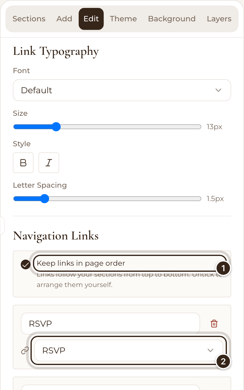 The Navigation Links settings with Keep links in page order and a link's section marked