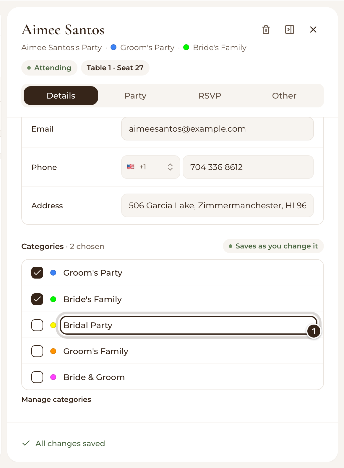 A guest's Details tab with two categories ticked and Bridal Party marked
