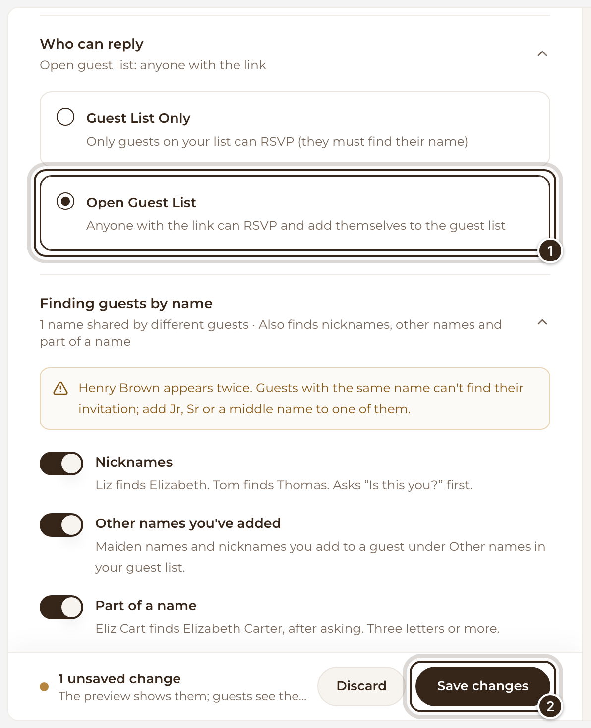 The Who can reply section with Open Guest List chosen and the Save changes button marked