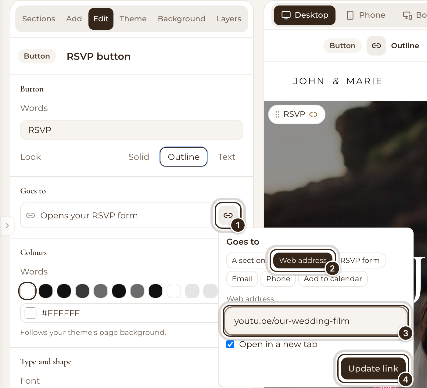 A button's Goes to menu with Web address chosen and a video link typed in