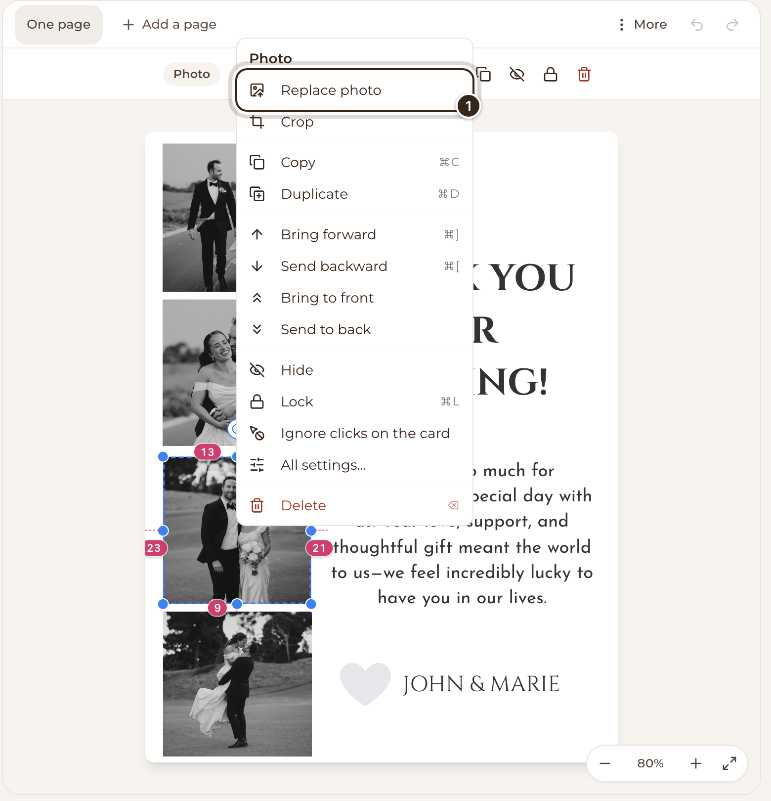 A photo on a thank-you card right-clicked, with Replace photo marked in the menu