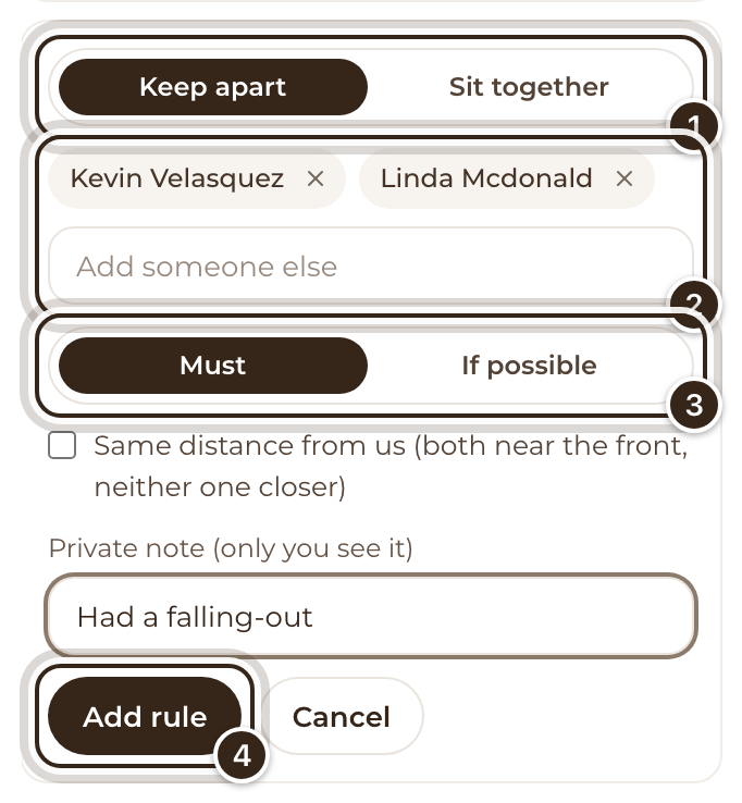 A new Keep apart rule for two guests, set to Must, with Keep apart, the two names, Must and Add rule marked