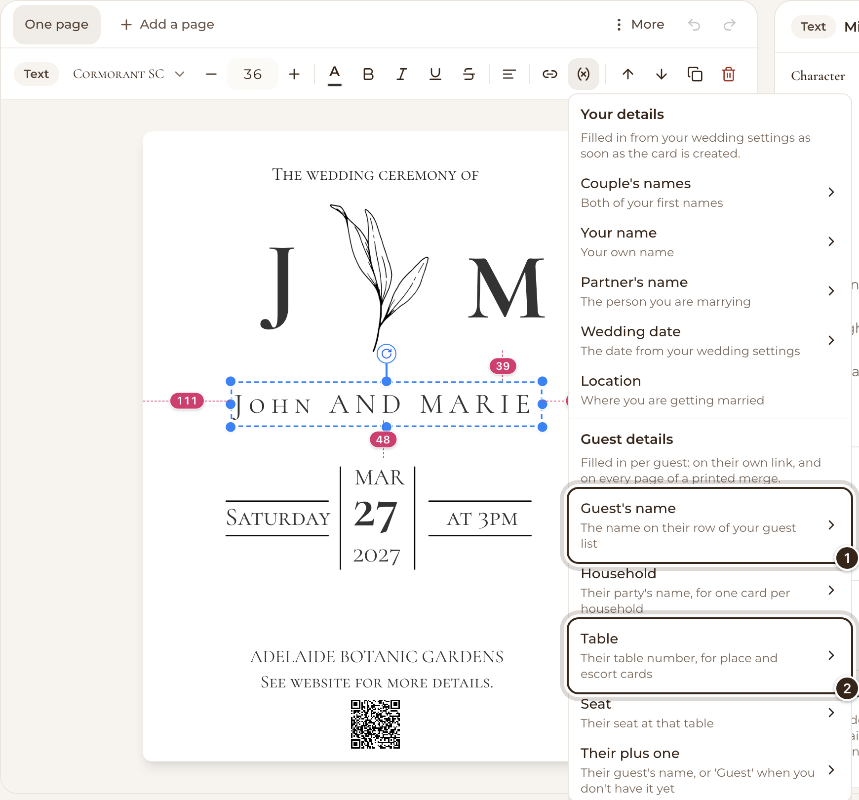 The Insert field menu open, with Guest's name and Table marked under Guest details