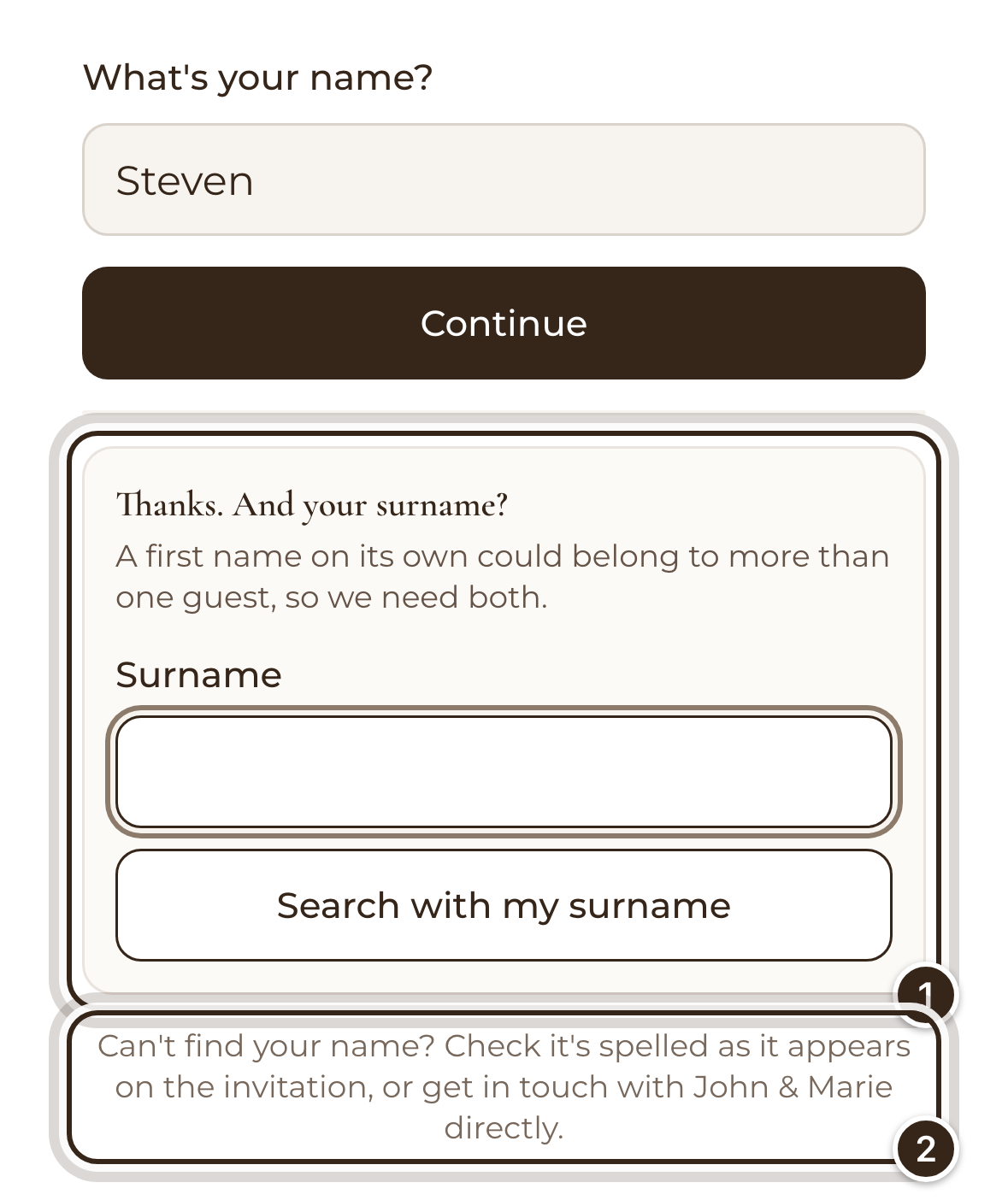 The RSVP form on a phone after searching for one name, with the surname question and the hint below it marked
