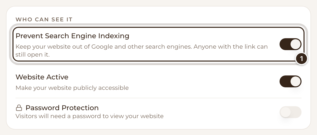 The Who can see it settings with Prevent Search Engine Indexing marked