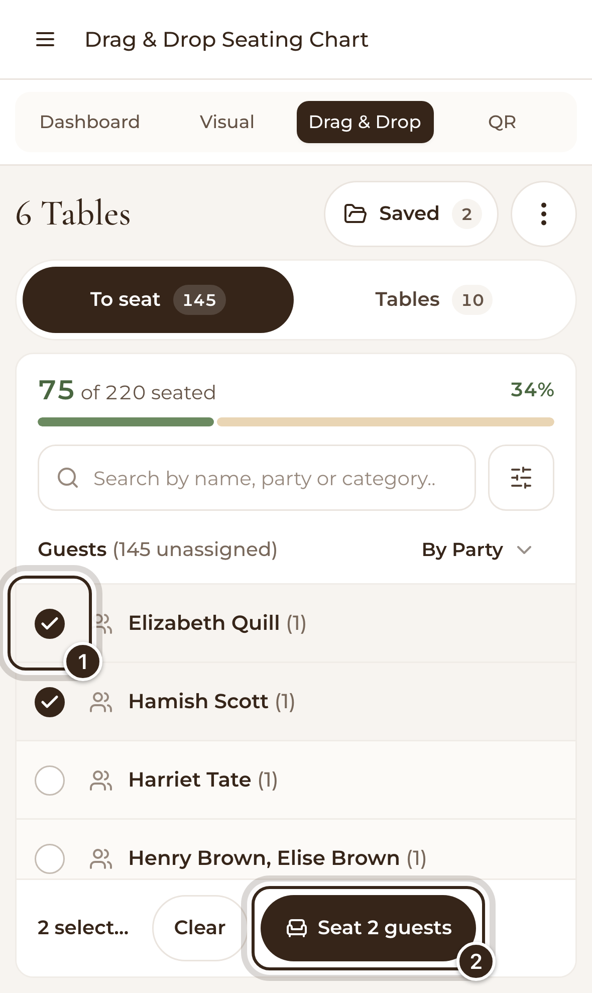 The Drag & Drop chart on a phone with two guests ticked and the Seat 2 guests button marked