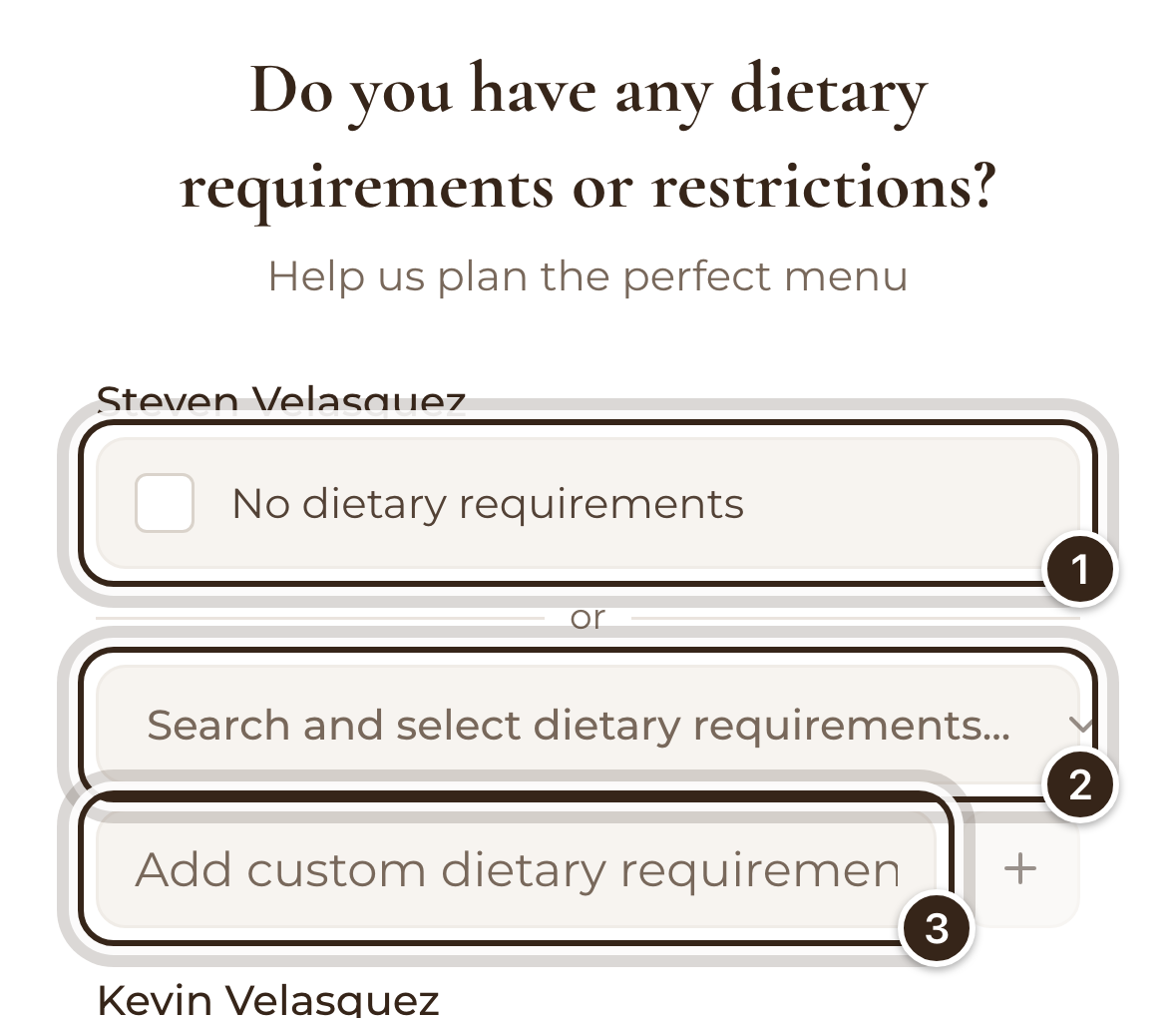 The dietary question on a phone, with No dietary requirements, the list to search and the box for your own answer marked