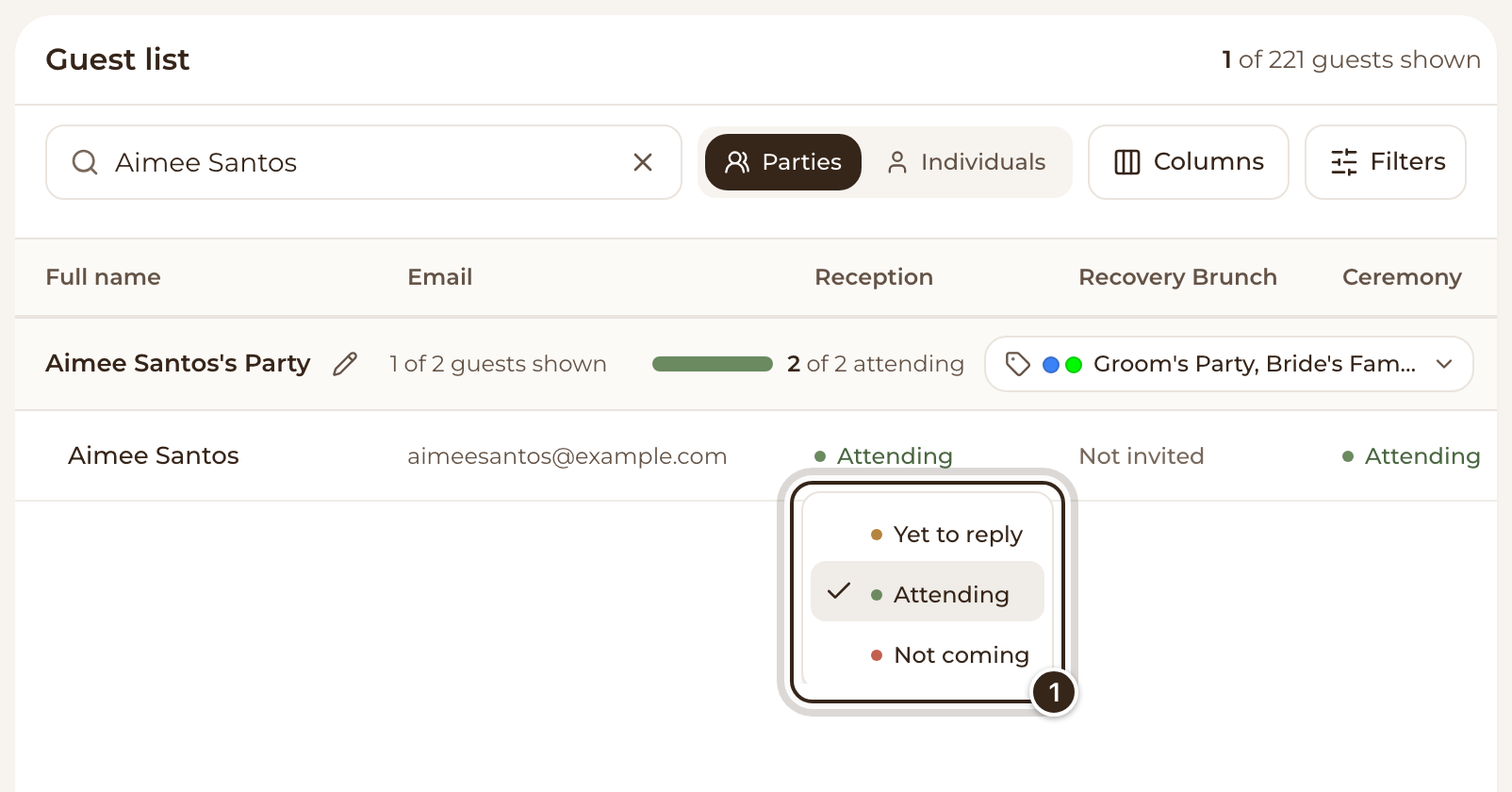 The guest list with the reply menu open under Reception, showing Yet to reply, Attending and Not coming