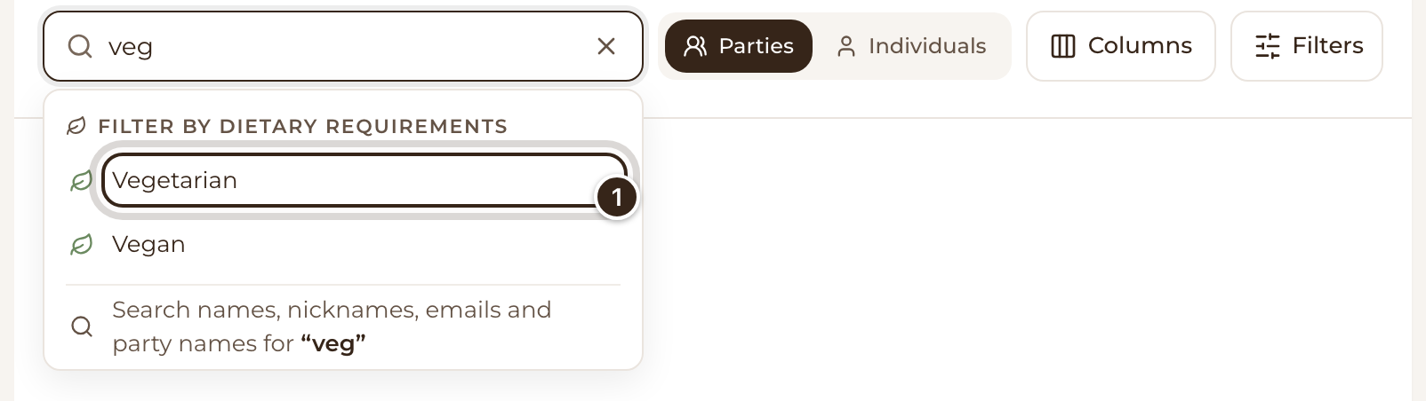 The search box with veg typed and suggestions for Vegetarian and Vegan, Vegetarian marked