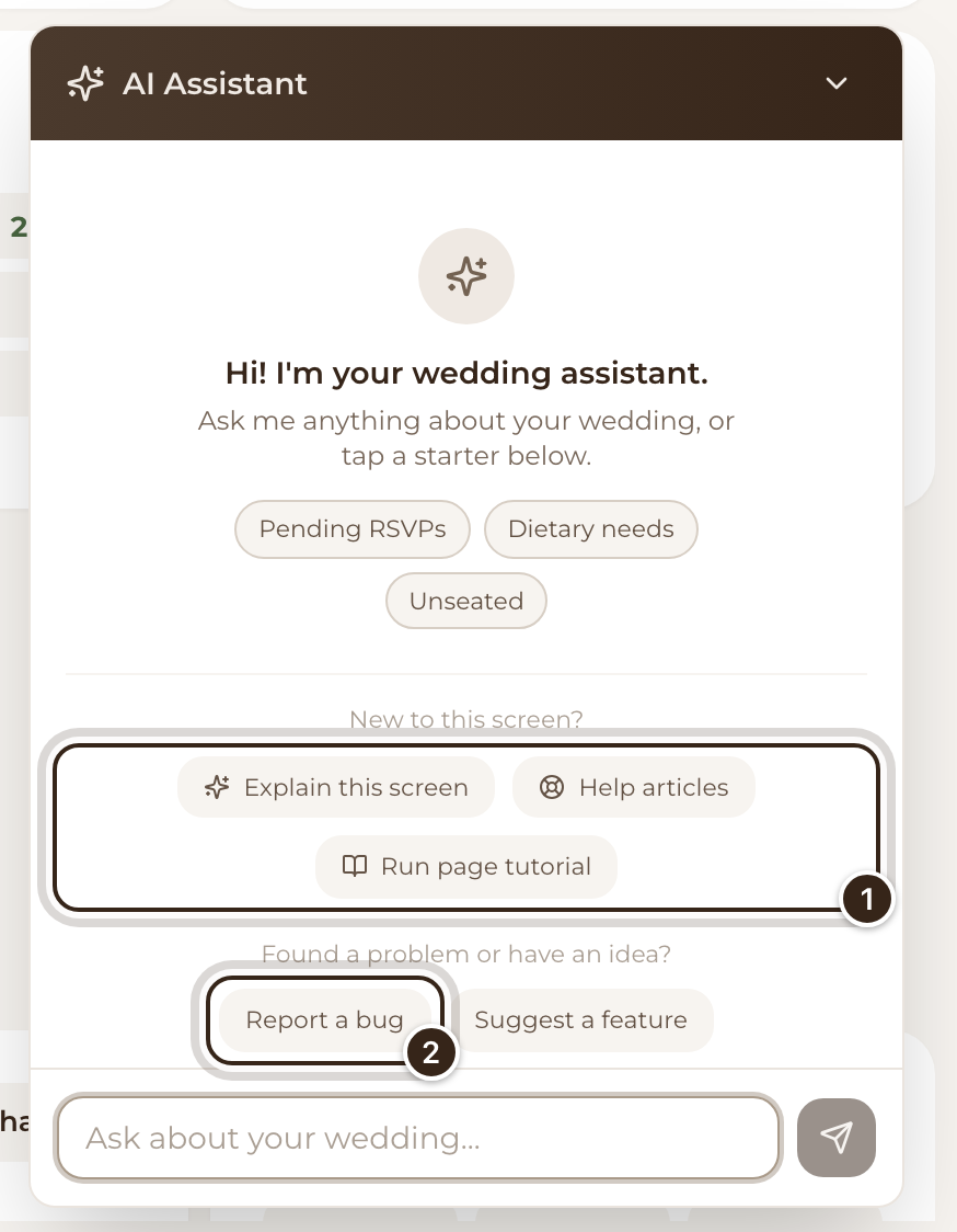 The assistant open on the Guests page, with the New to this screen row and Report a bug marked