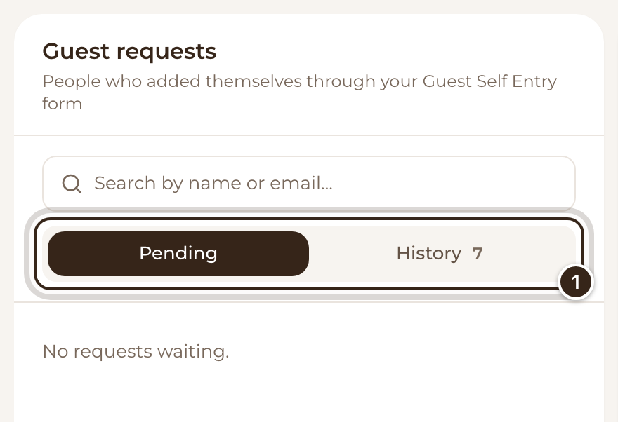 The Guest requests panel with the Pending and History tabs marked