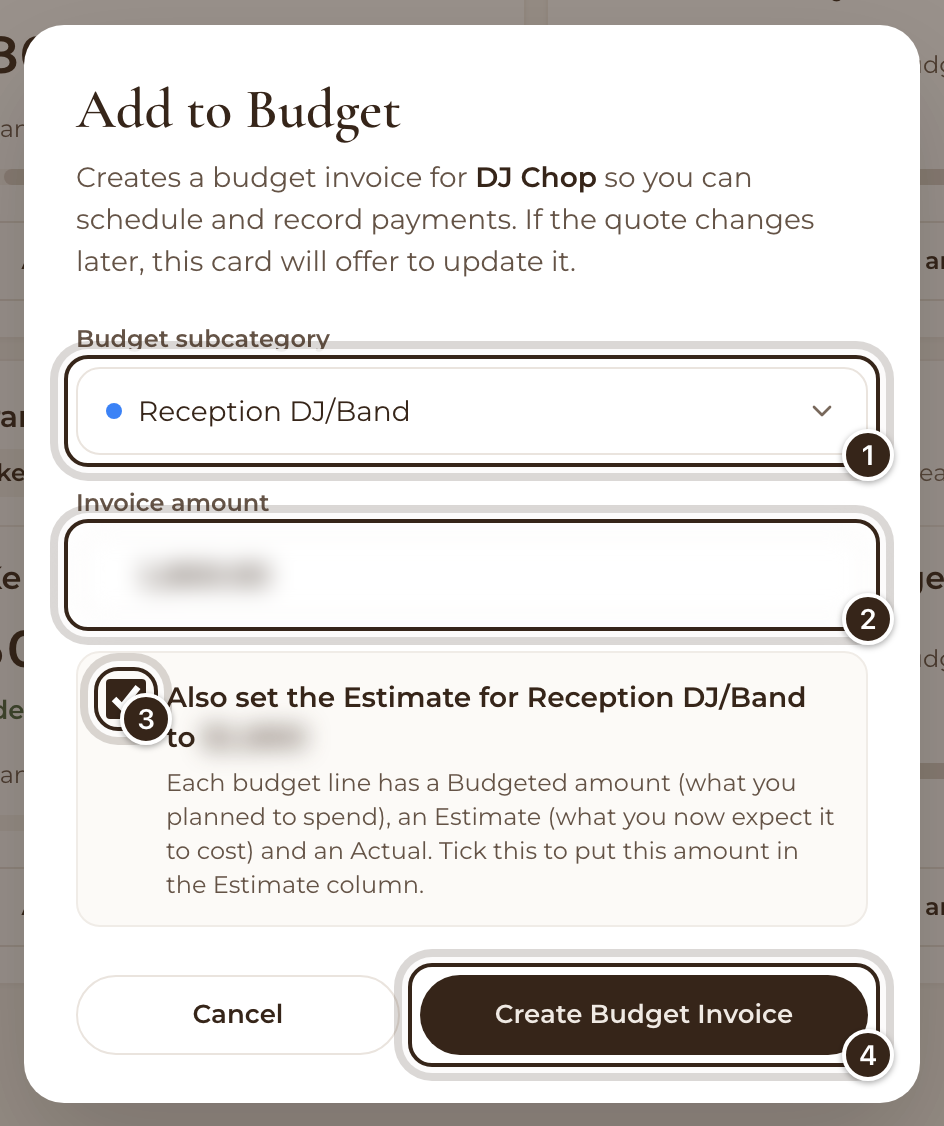 The Add to Budget window with the budget subcategory, the invoice amount (blurred), the Estimate box and Create Budget Invoice marked