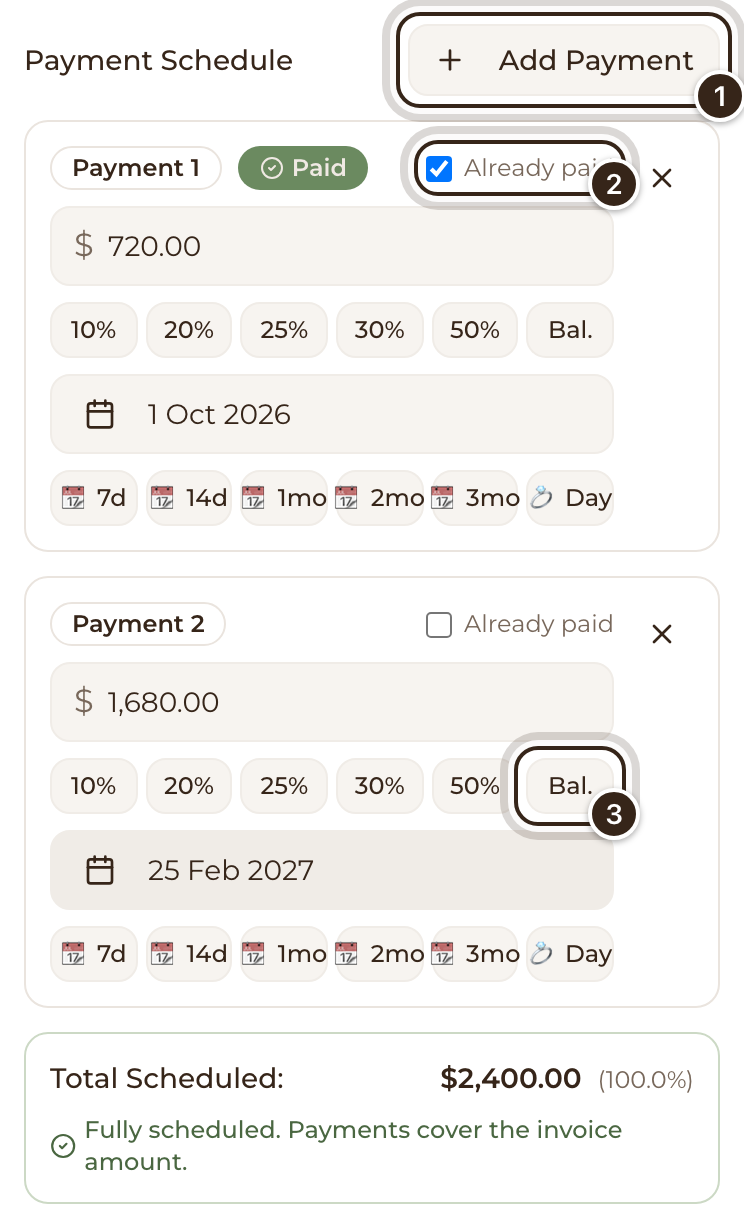 A payment schedule with a 30% deposit already paid and a second payment for the balance, with Add Payment, Already paid and Bal. marked
