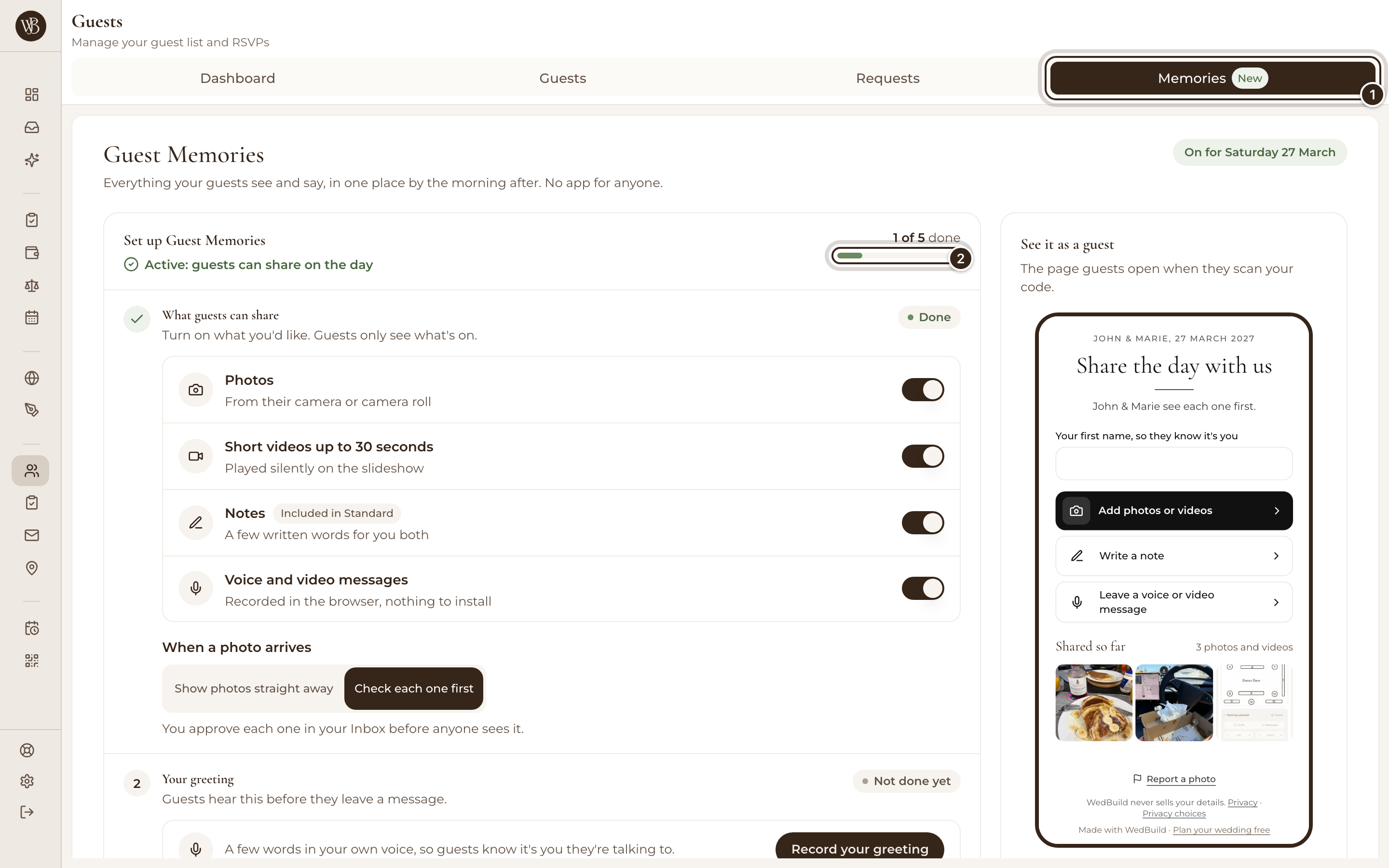The Guest Memories page with its five steps and the guest page preview