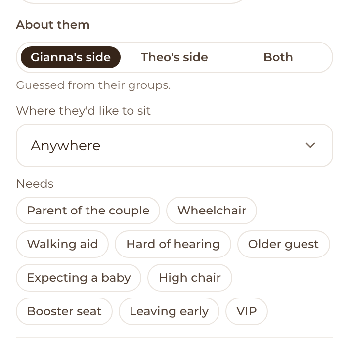 A guest's About them section: their side, Where they'd like to sit and Needs