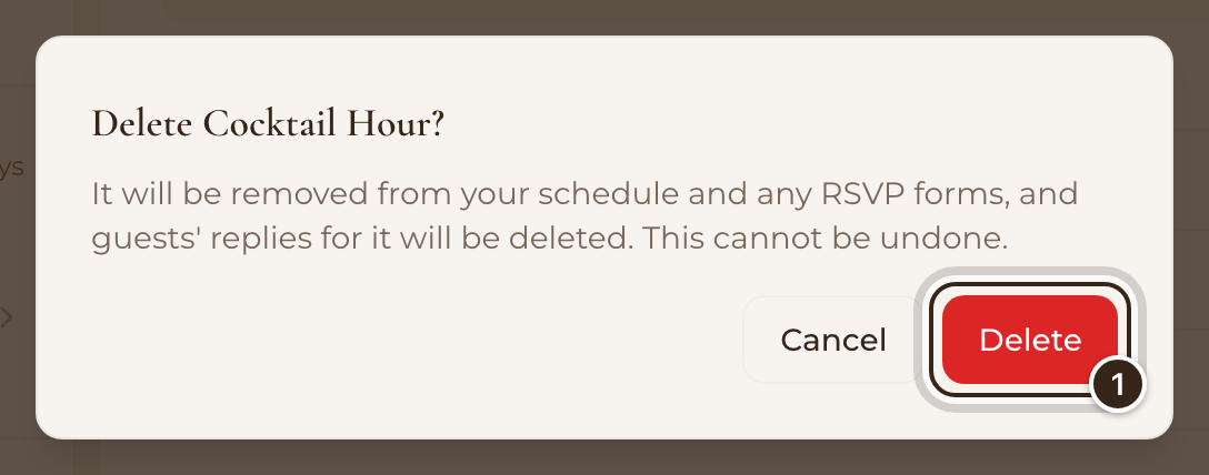 The Delete Cocktail Hour? question, with the Delete button marked
