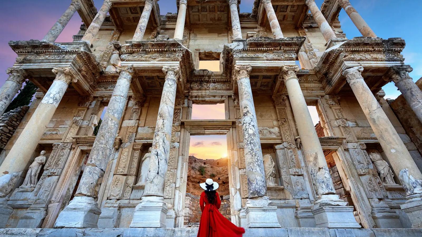 The façade of the Library of Celsus in Ephesus, the midpoint of a private walking tour through the ancient city