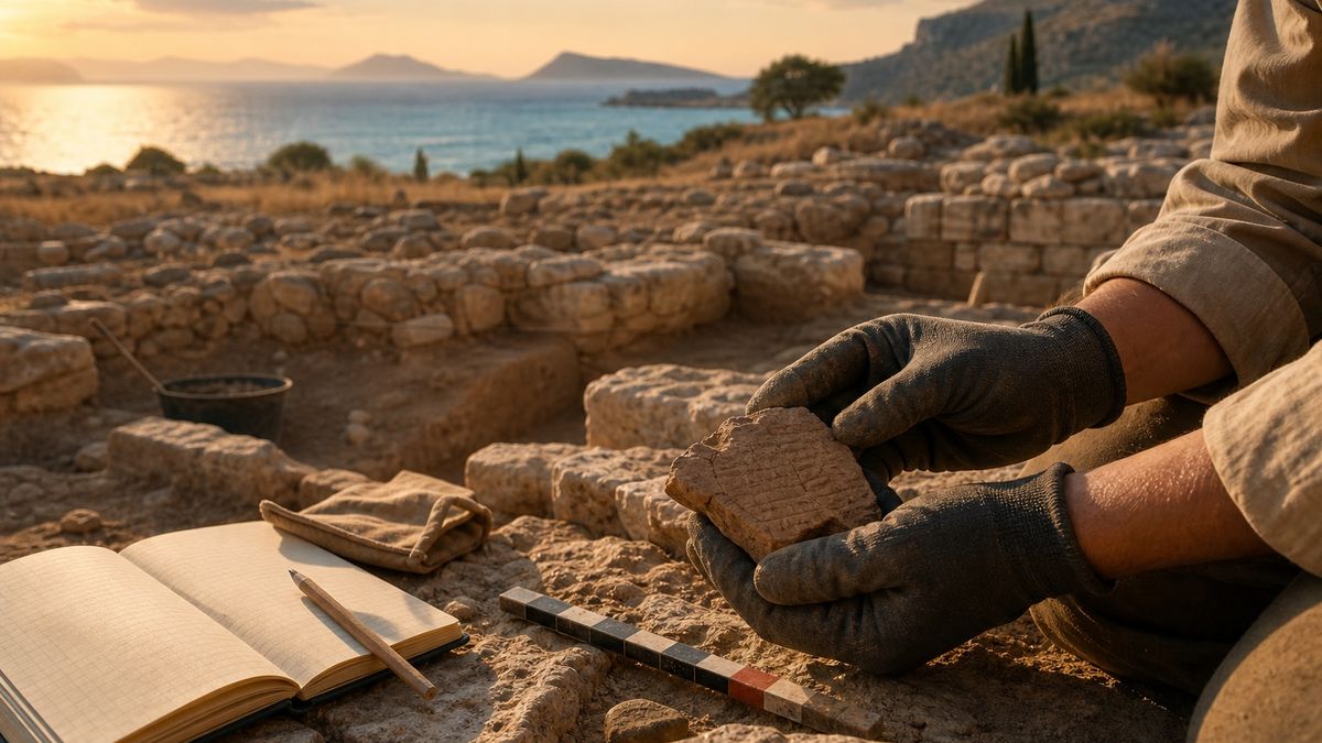 An archaeologist documenting a fragment at an ancient Aegean excavation site overlooking the sea