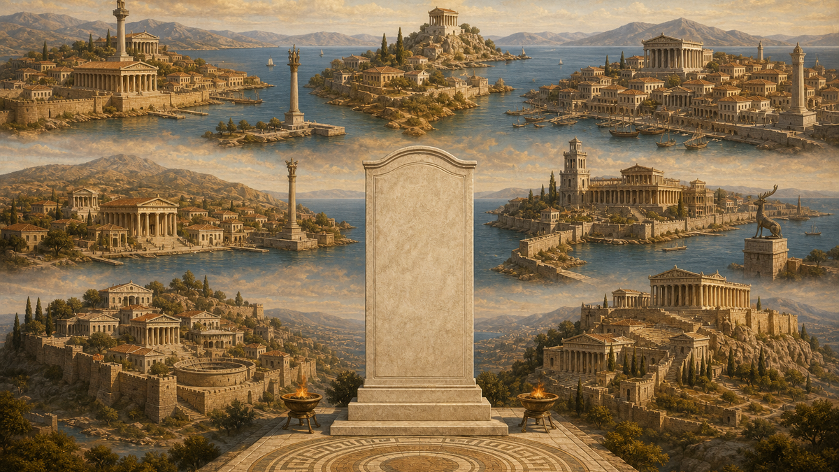 Seven ancient Greek cities contending around an epigram stele for the honor of Homer's birthplace