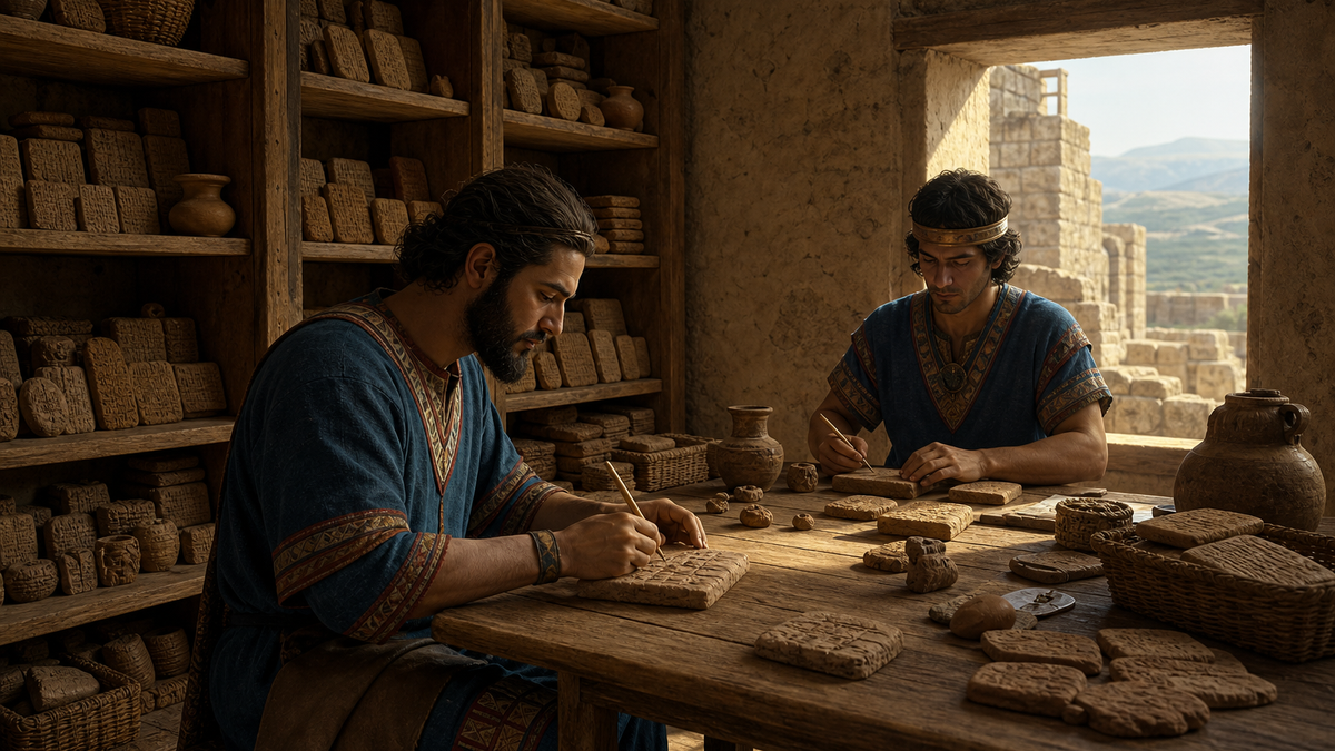 Hittite scribes recording diplomatic tablets in an archive at Hattusa