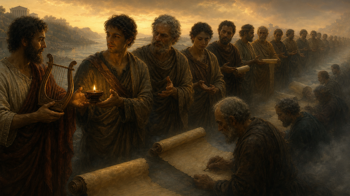 A lyre and oil lamp passed across generations of bards symbolizing the oral tradition behind Homer