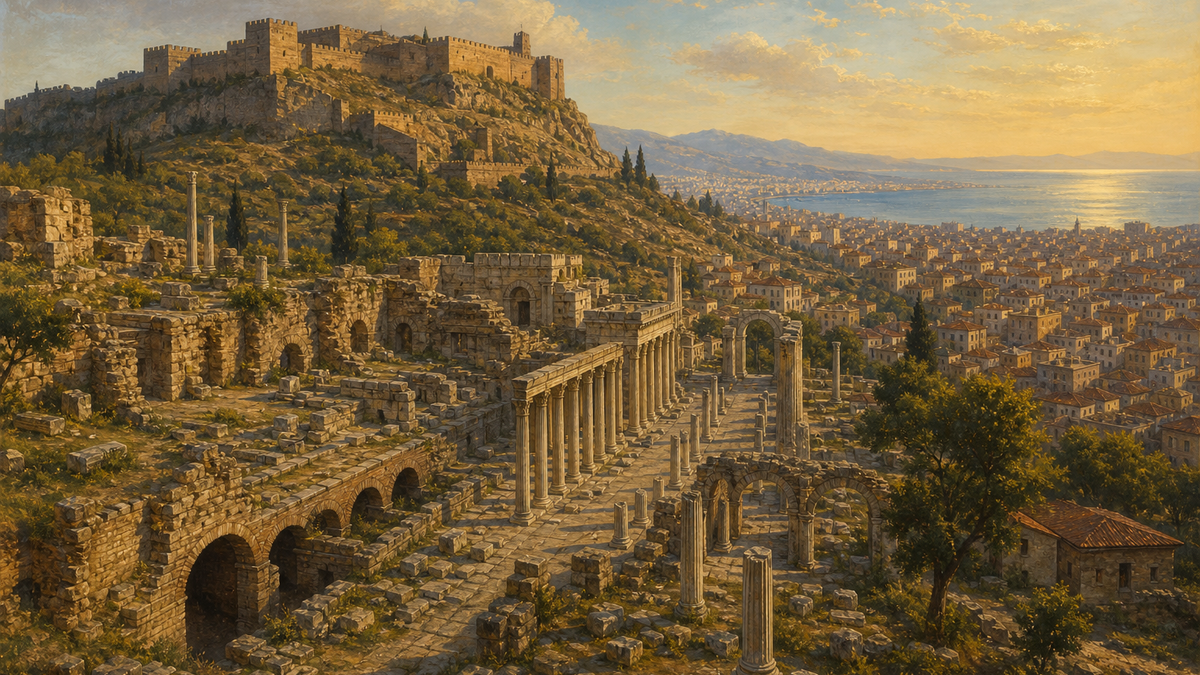 Kadifekale fortress and the Roman Smyrna Agora layered within modern Izmir