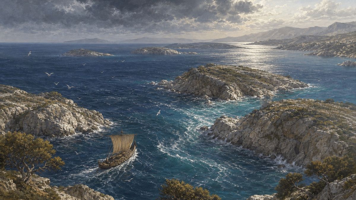 A small Bronze Age sailing vessel navigating the rocky islands and channels of the Aegean Sea