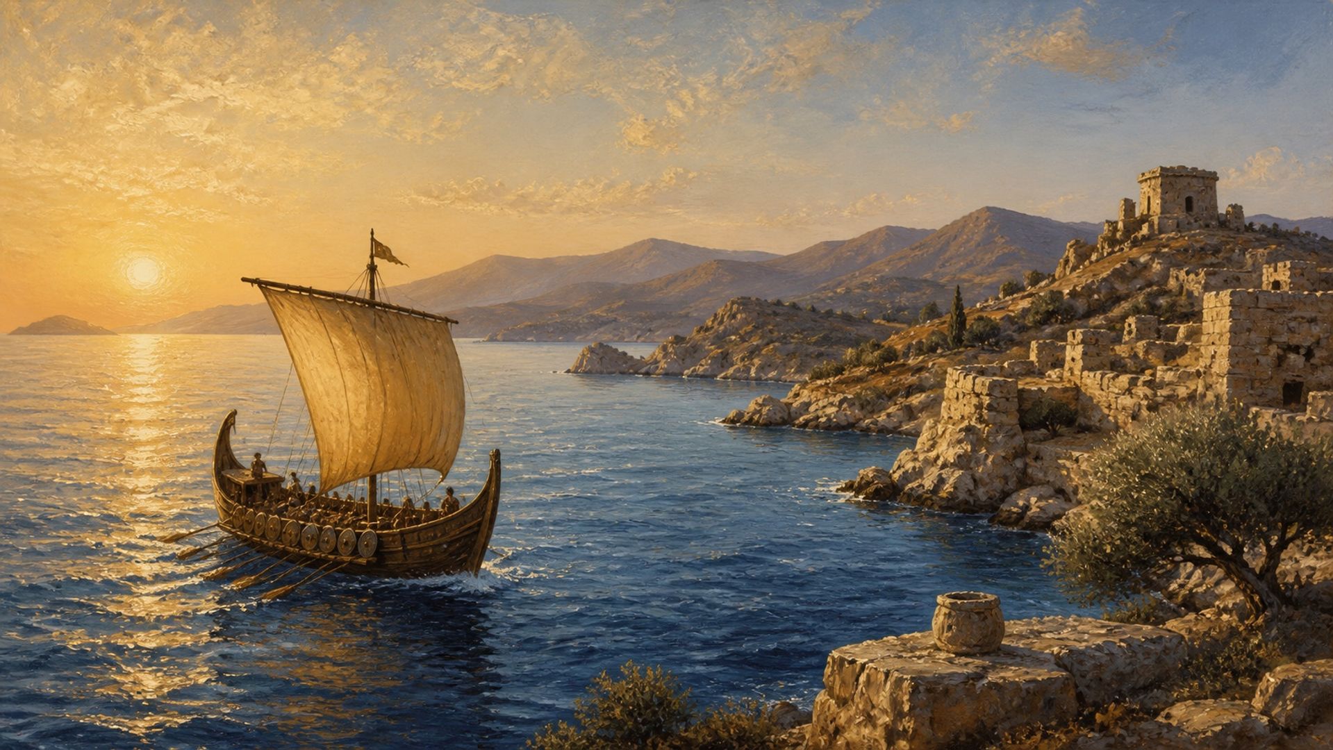 A Bronze Age sailing vessel approaching the Aegean coast of western Anatolia at sunrise