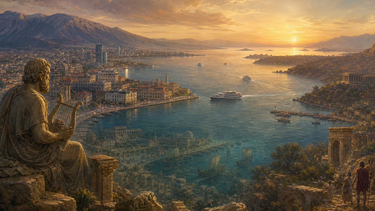 The bay of Izmir at dusk with the ancient harbor ghosting beneath the modern city