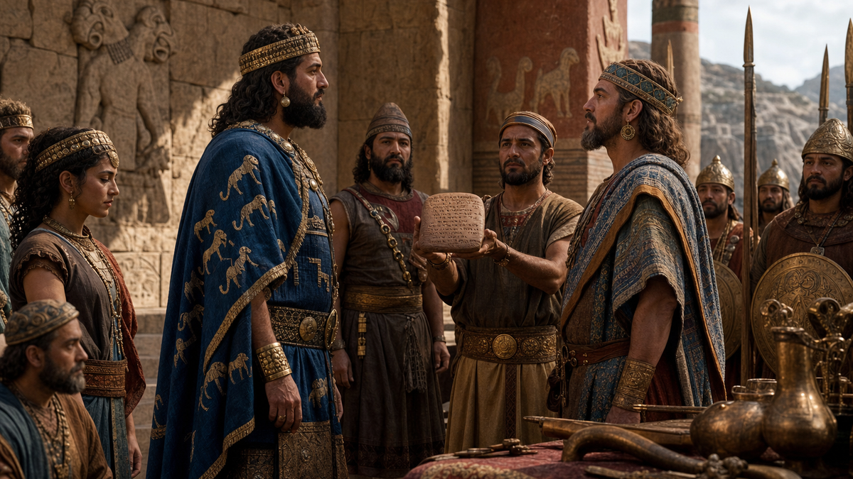 A Hittite treaty ceremony between two Bronze Age kings with a clay tablet