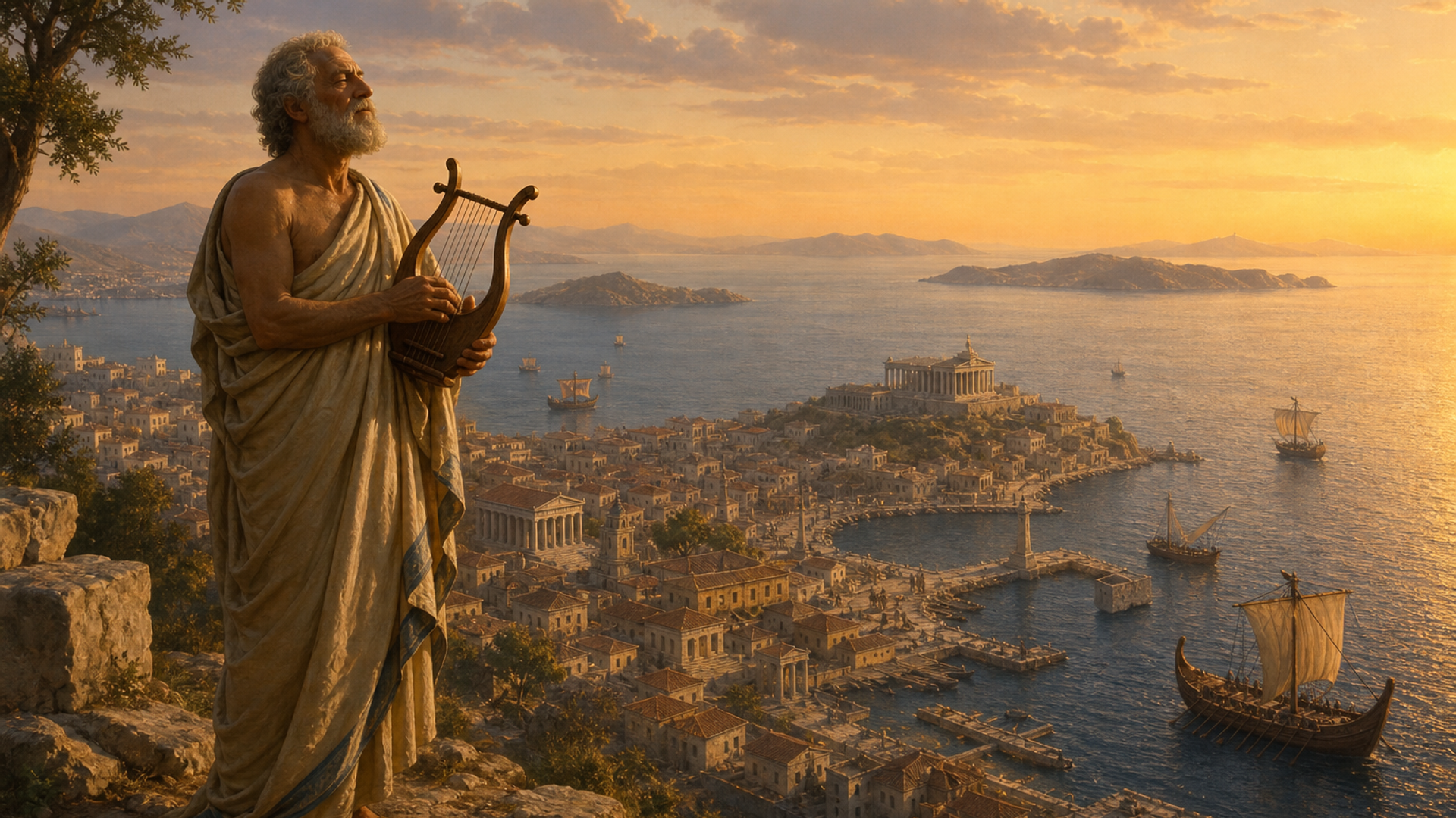 A blind poet with a lyre overlooking the Gulf of Izmir where ancient Smyrna stood