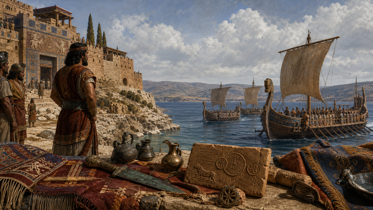 A Bronze Age Anatolian citadel and Aegean ships facing each other across the sea