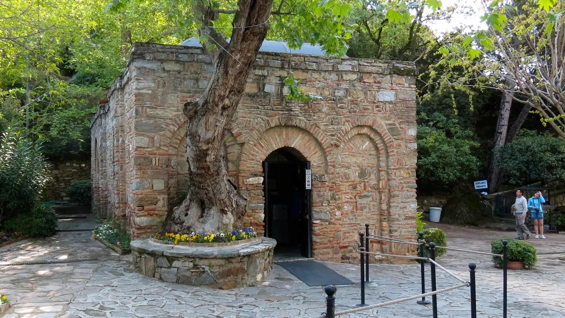 virgin mary house behind trees