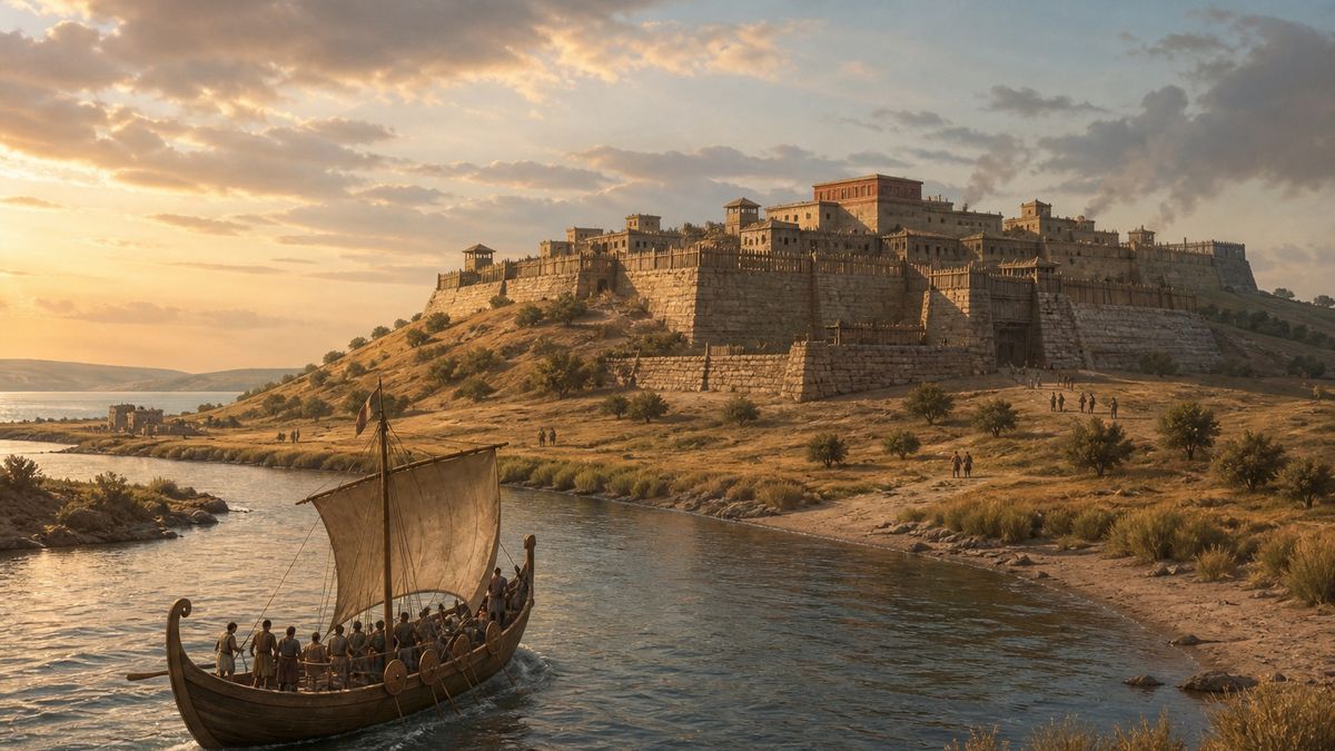 A Bronze Age citadel at Troy beside a waterway, with a small ship departing at sunset