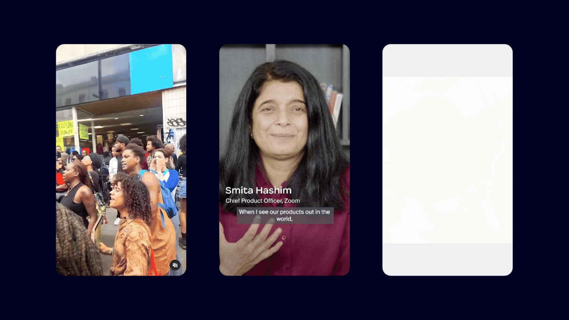 Three phone screens display: a crowd of people, a woman named Smita Hashim speaking, and a blank white screen.