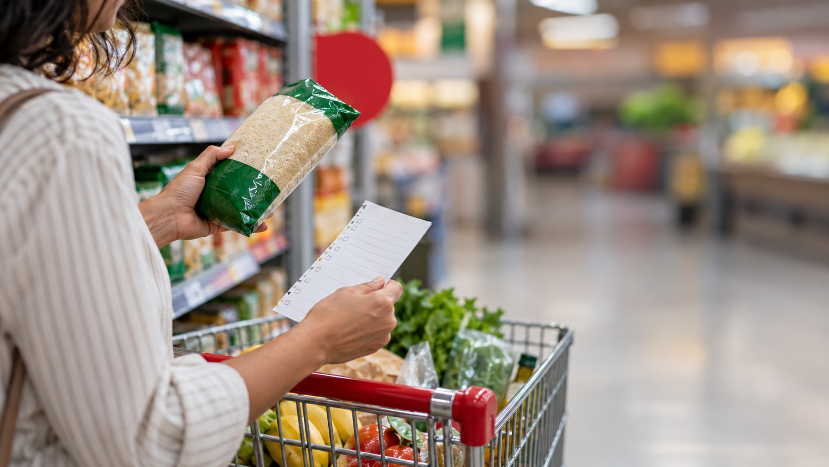 Pessoa no supermercado segurando um produto e consultando uma lista ao lado do carrinho.