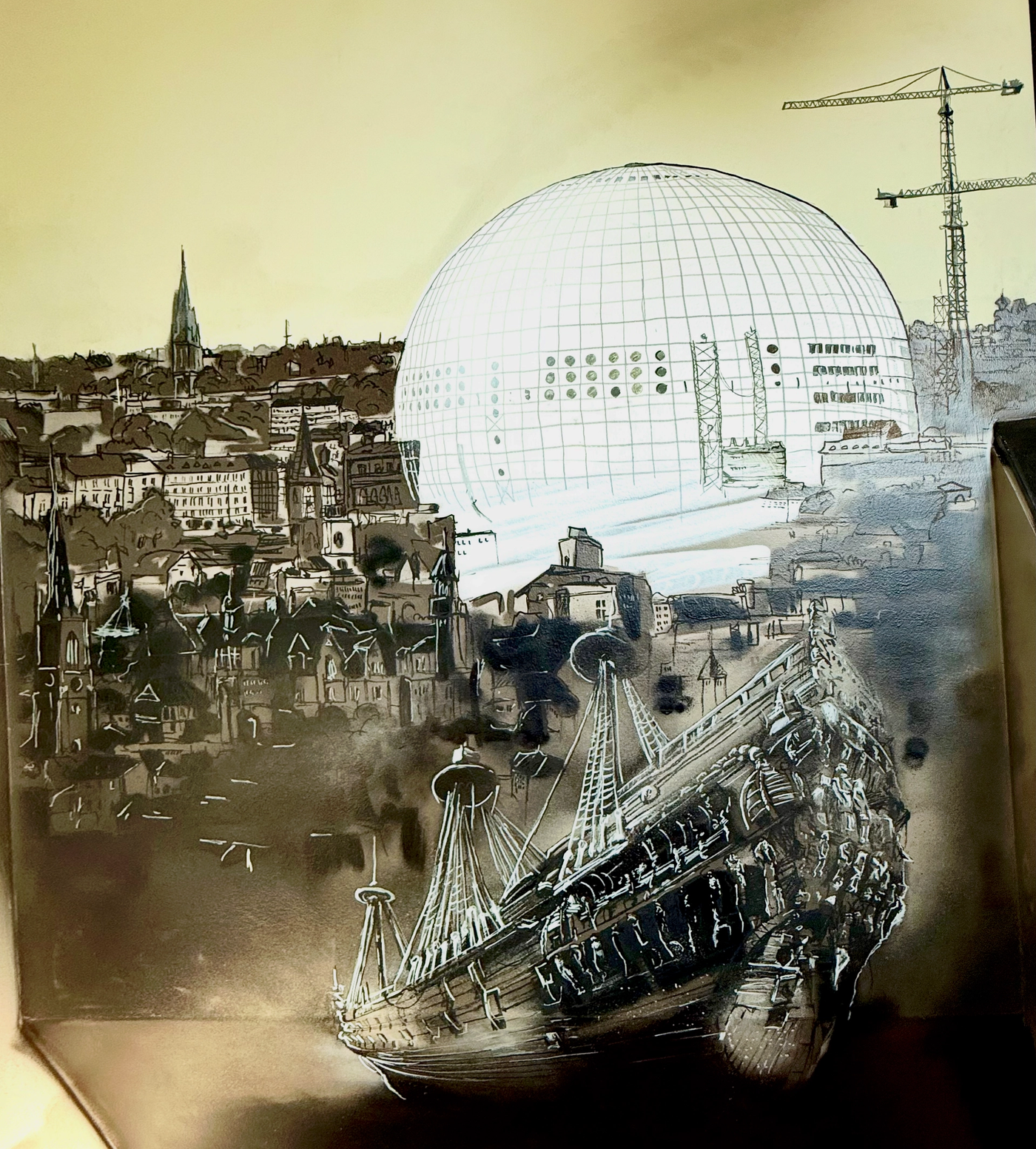 Globen och regalskeppet Vasa målade i grått och sepia på en trapphusvägg i Tyresö. The Globe arena and the Vasa ship painted in grey and sepia on a stairwell wall in Tyresö.