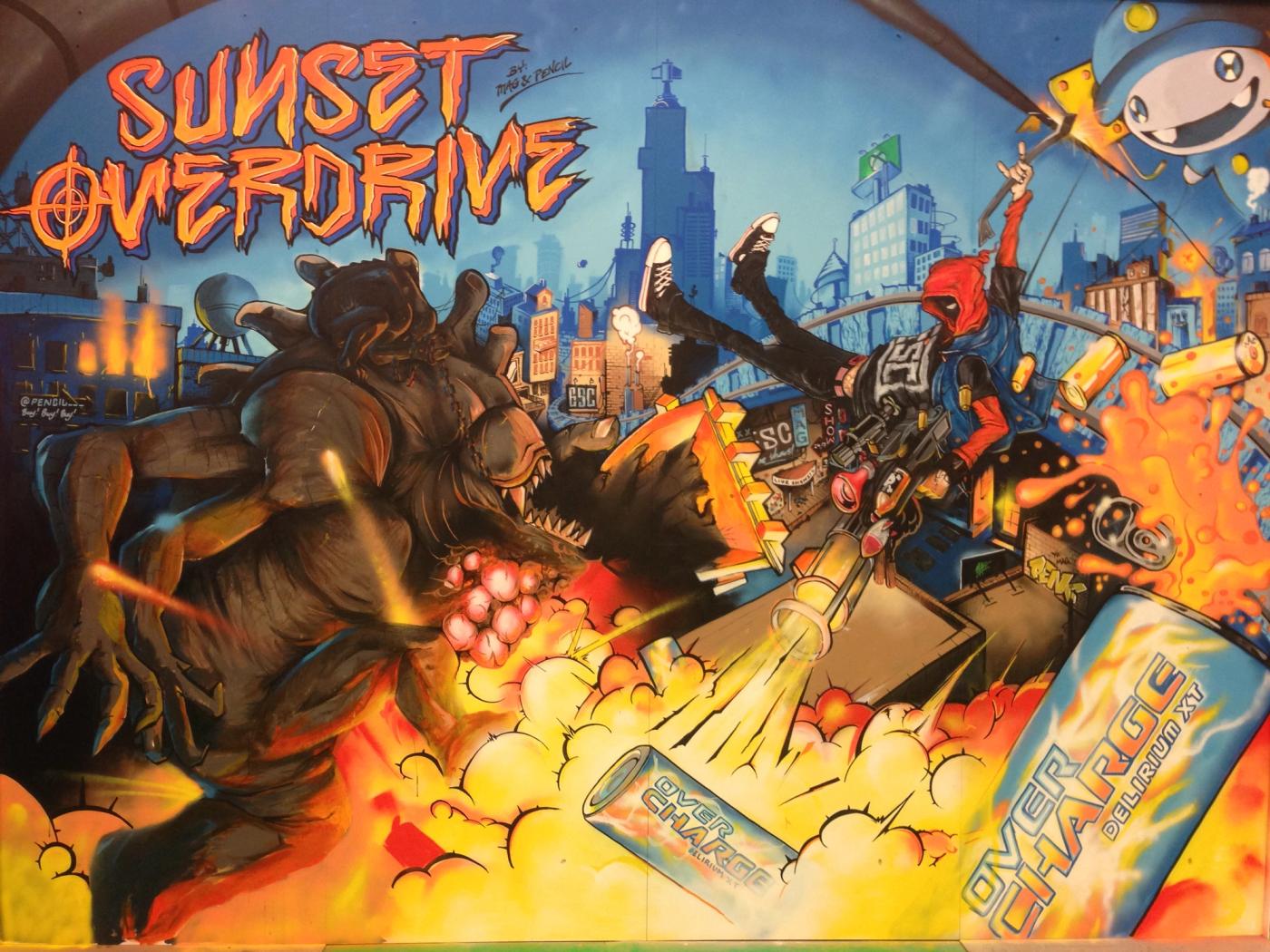 Sunset Overdrive — hand-painted mural by Spraya in Kista, Stockholm
