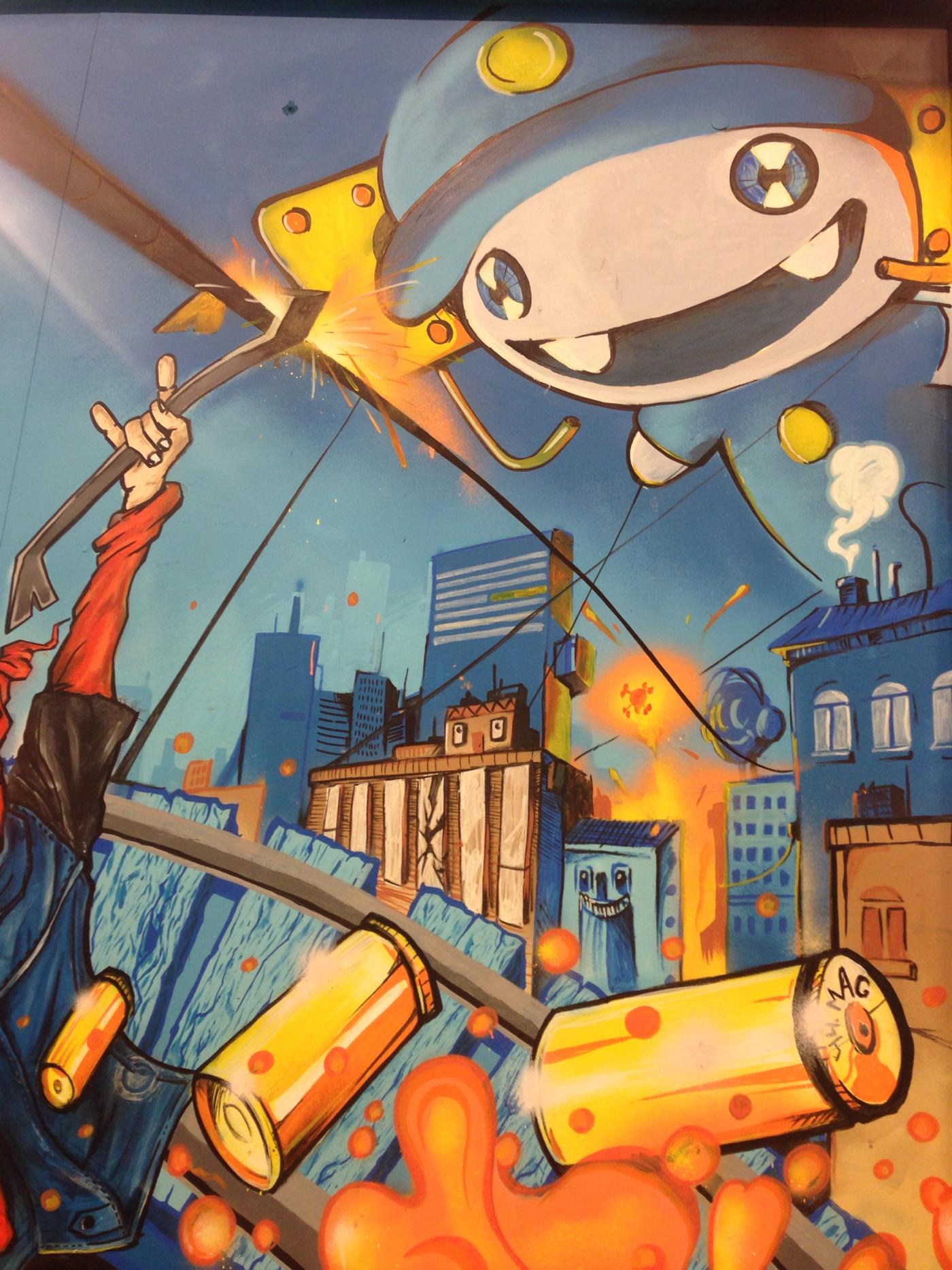 Sunset Overdrive — hand-painted mural by Spraya in Kista, Stockholm