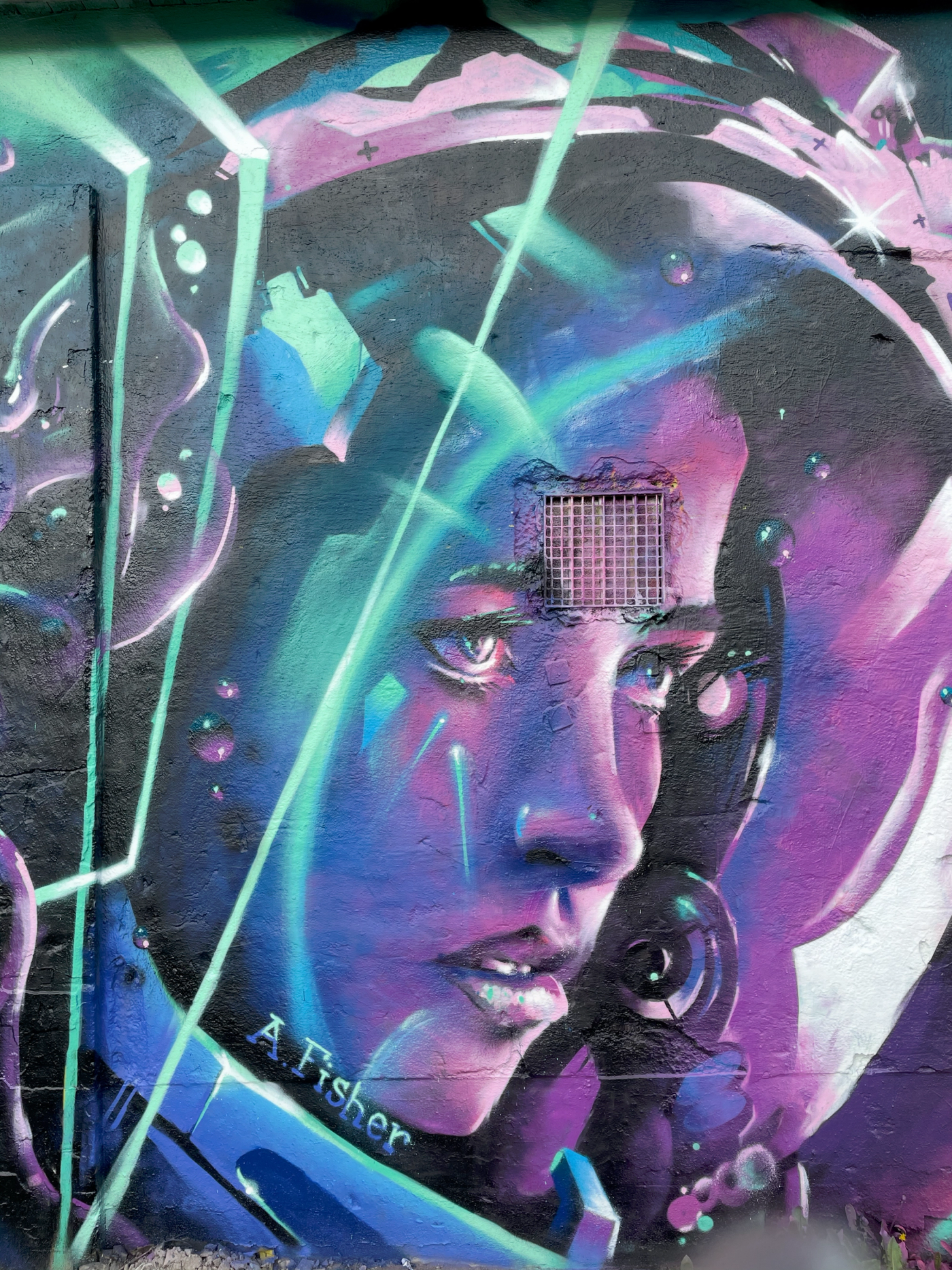 Porträtt av astronauten Anna Lee Fisher i hjälm, spraymålat i Snösätra. Portrait of astronaut Anna Lee Fisher in her helmet, painted in spray paint in Snösätra.