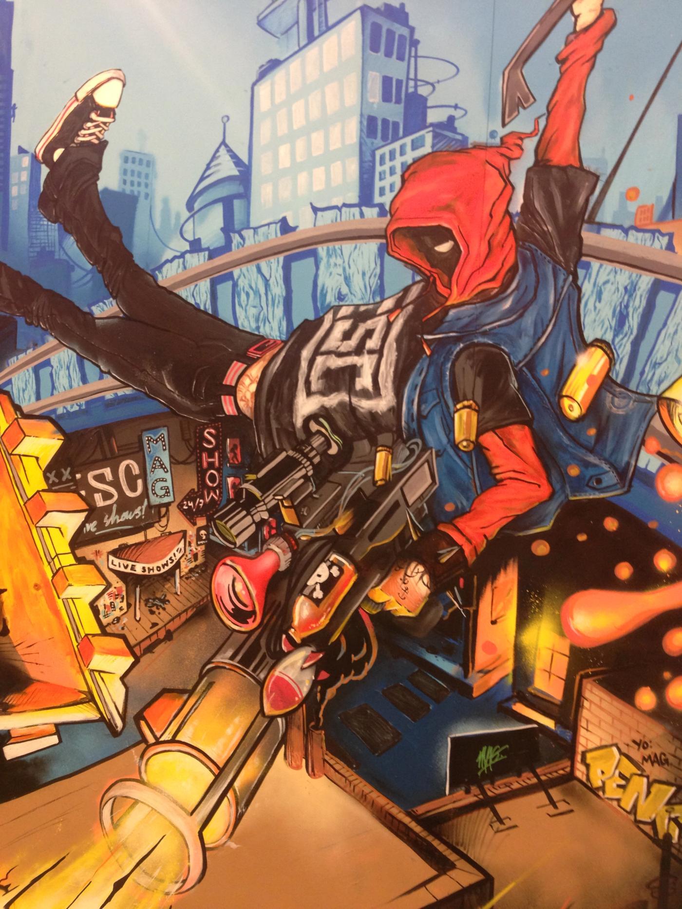 Sunset Overdrive — hand-painted mural by Spraya in Kista, Stockholm