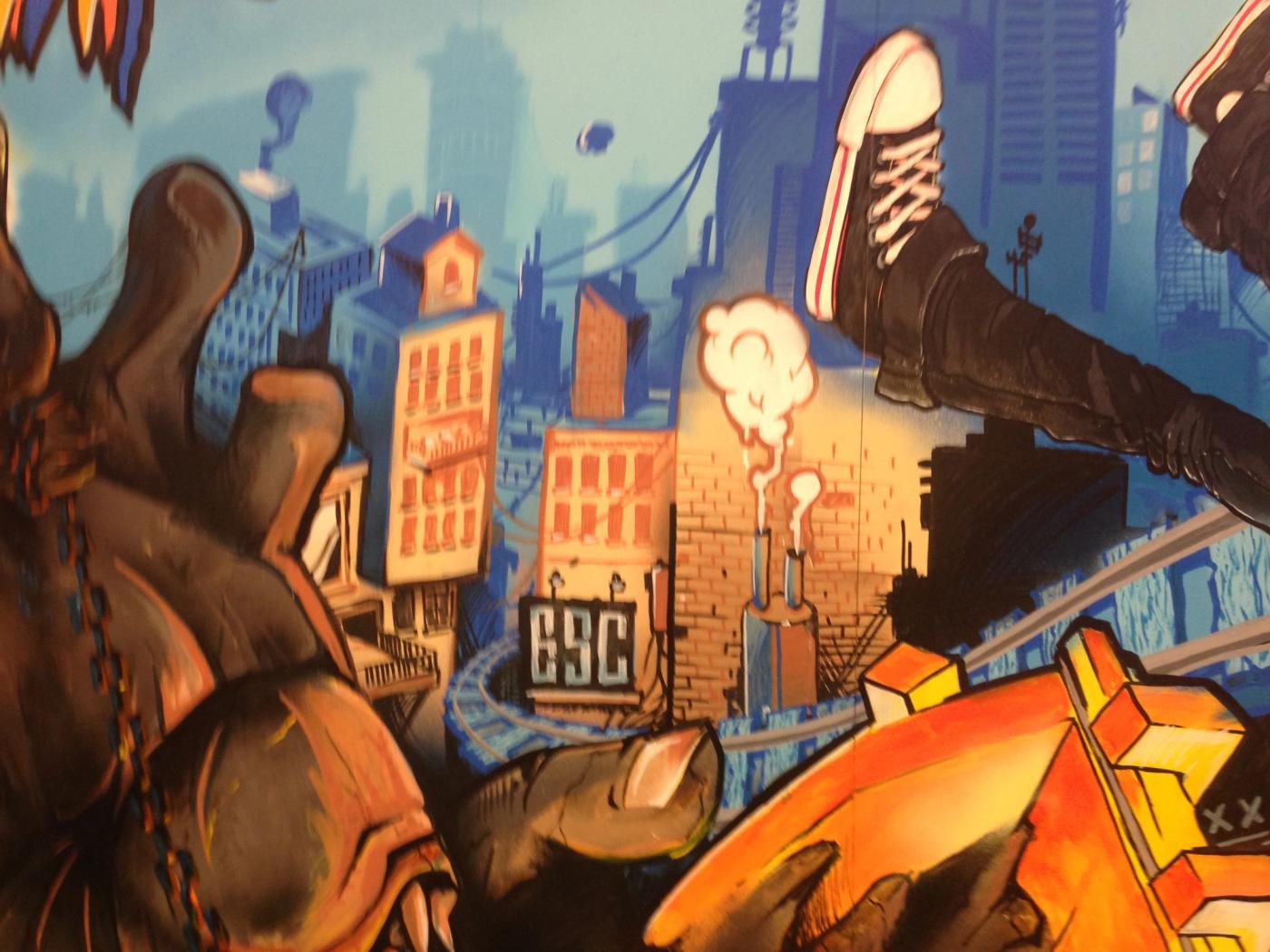 Sunset Overdrive — hand-painted mural by Spraya in Kista, Stockholm
