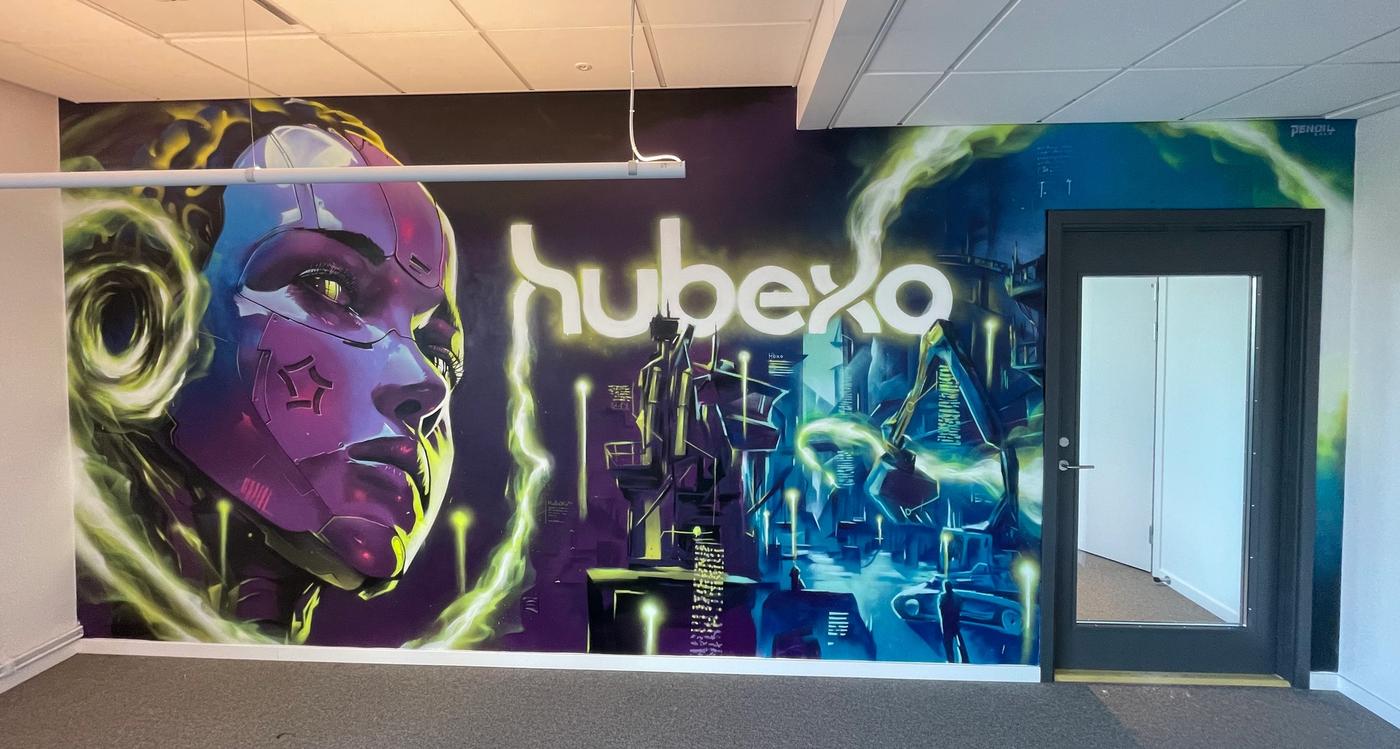 Hubexo AI — hand-painted mural by Spraya in Solna, Sweden