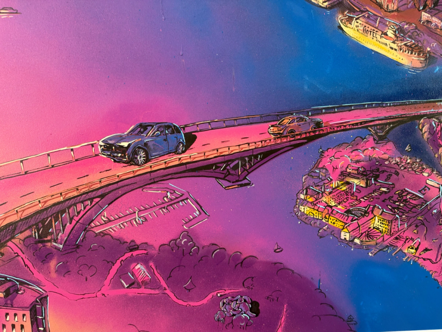 En bil på en bro under rosa himmel, detalj ur duken Södermalm a love story. A car crossing a bridge under a pink sky, detail of the Södermalm love story canvas.