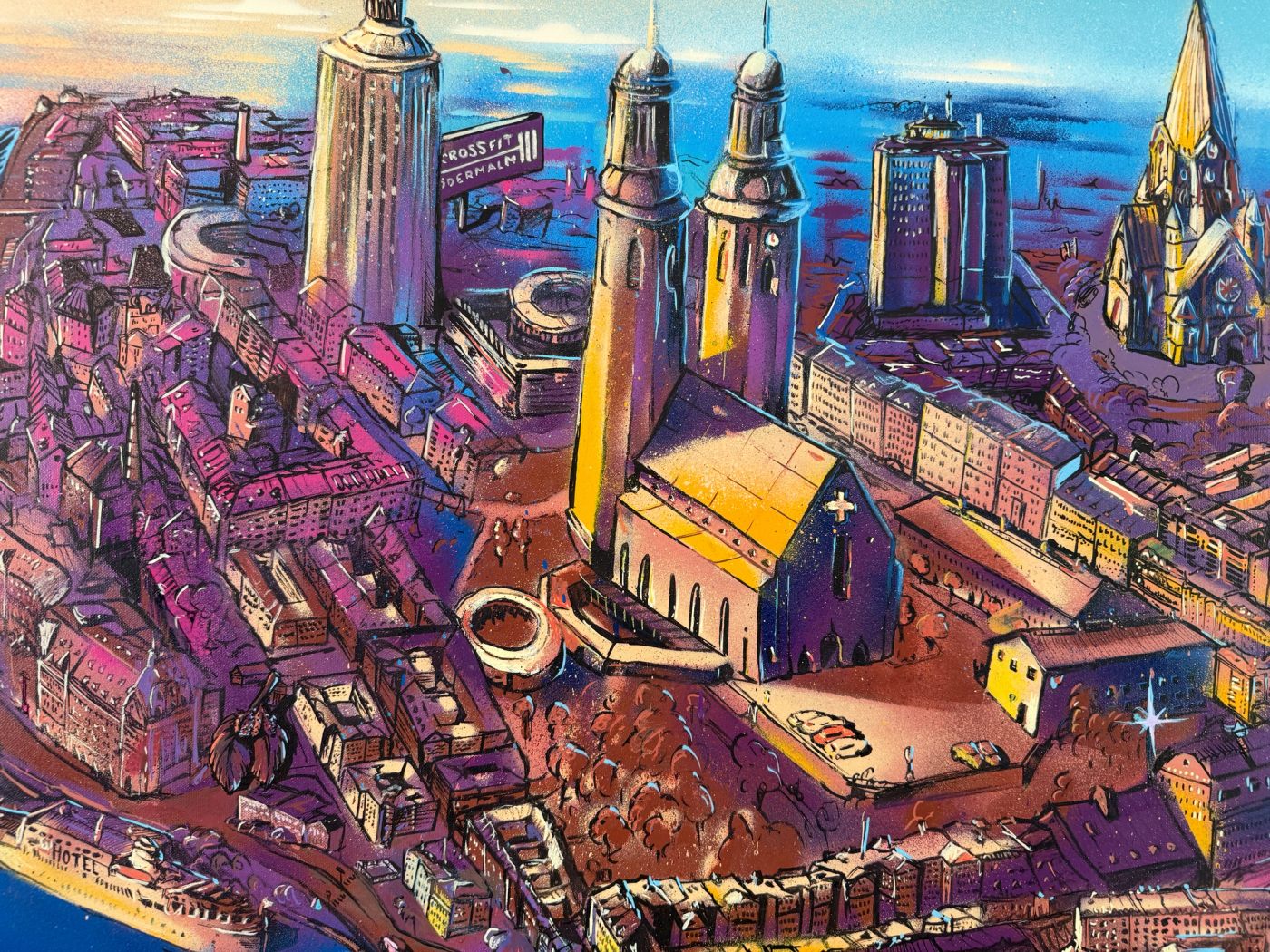 Högalidskyrkans två torn på Södermalm, detalj ur den beställda målningen. The twin towers of Högalid Church on Södermalm, detail of the custom canvas painting.