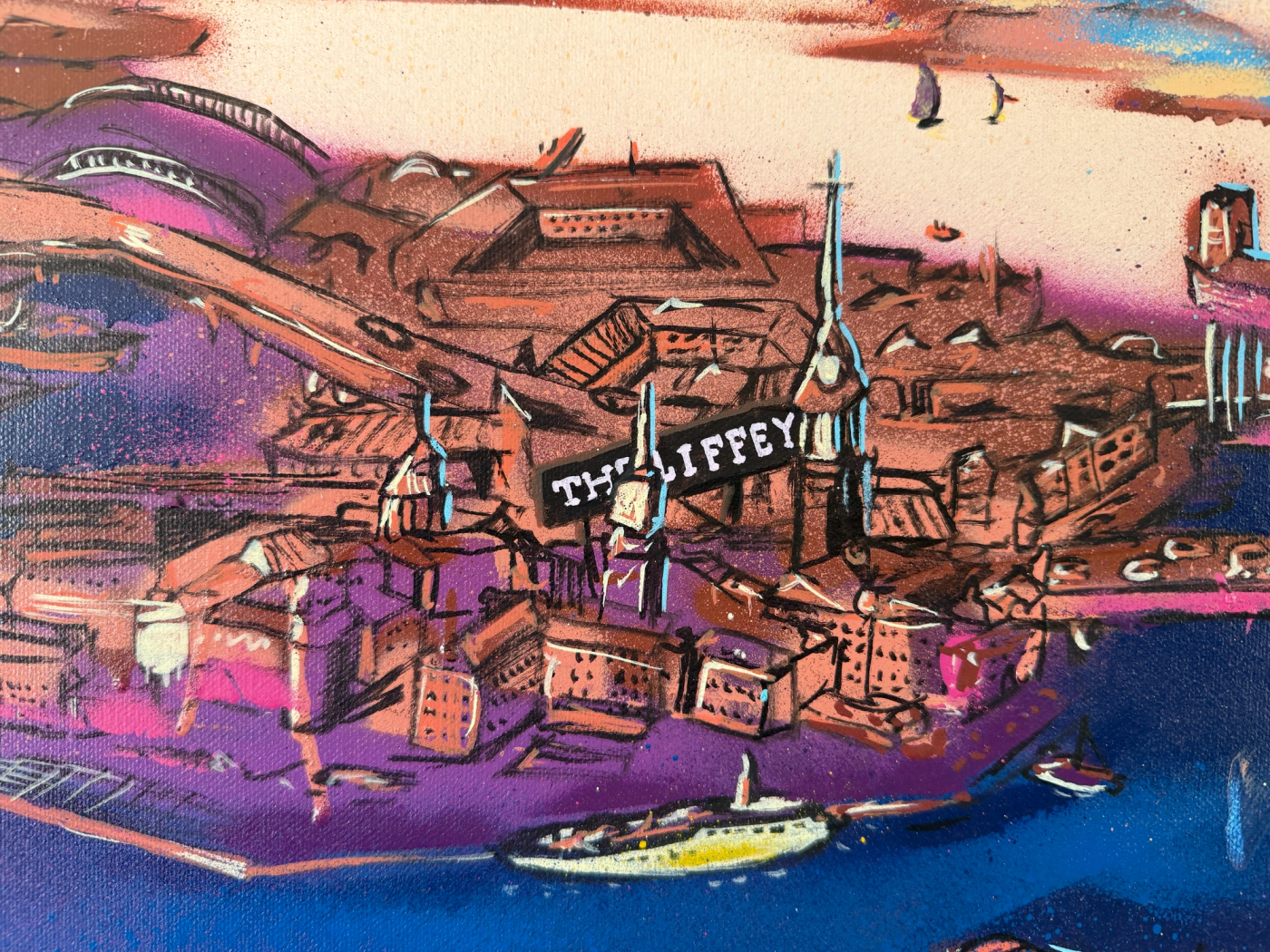 Gamla stan med puben The Liffeys skylt och en båt på vattnet, detalj ur Stockholmsmålningen. Gamla stan with The Liffey pub sign and a boat on the water, detail of the custom Stockholm canvas.