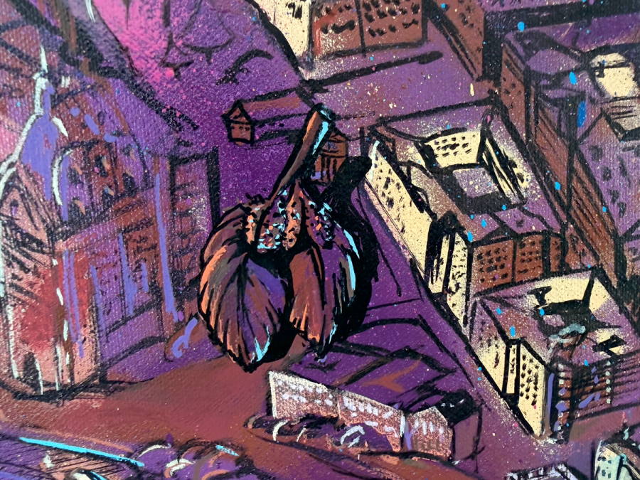Närbild på hustak och en liten personlig detalj gömd i Södermalmsmålningen. Close-up of rooftops and a small personal detail hidden in the Södermalm painting.